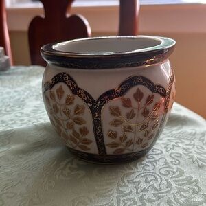 Plant Flower Pot Vase Ceramic Art Pottery White Painted Blue W Gold Highlights